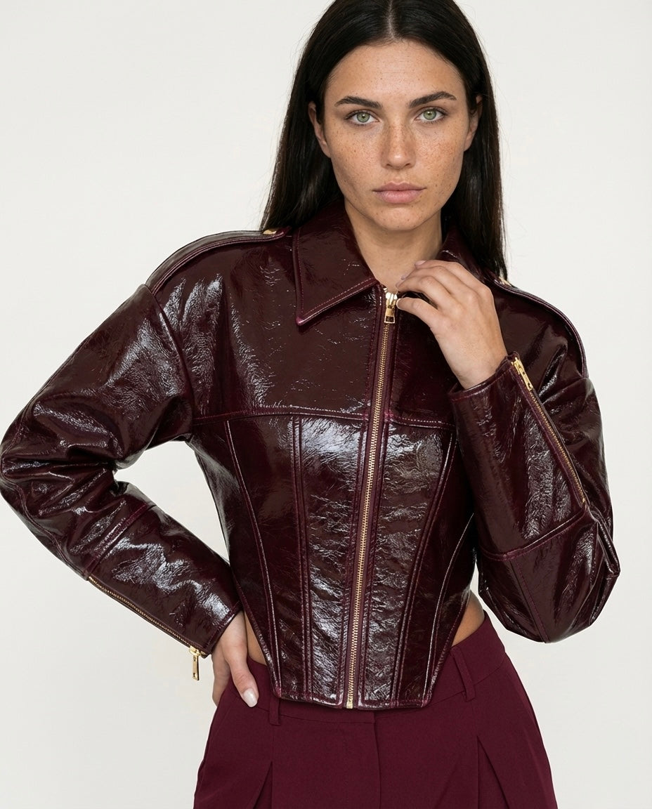 Chaqueta Cropped Estructurada de Efecto Vinilo
