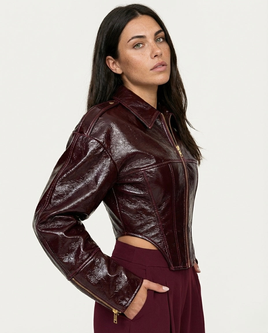 Chaqueta Cropped Estructurada de Efecto Vinilo