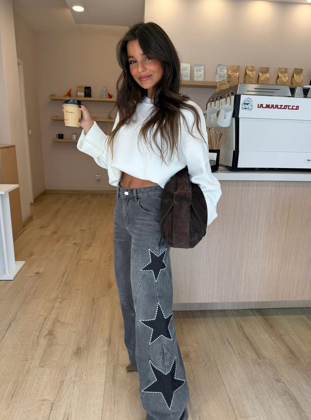 Melina | Jeans Casual rectos de estrellas Negros